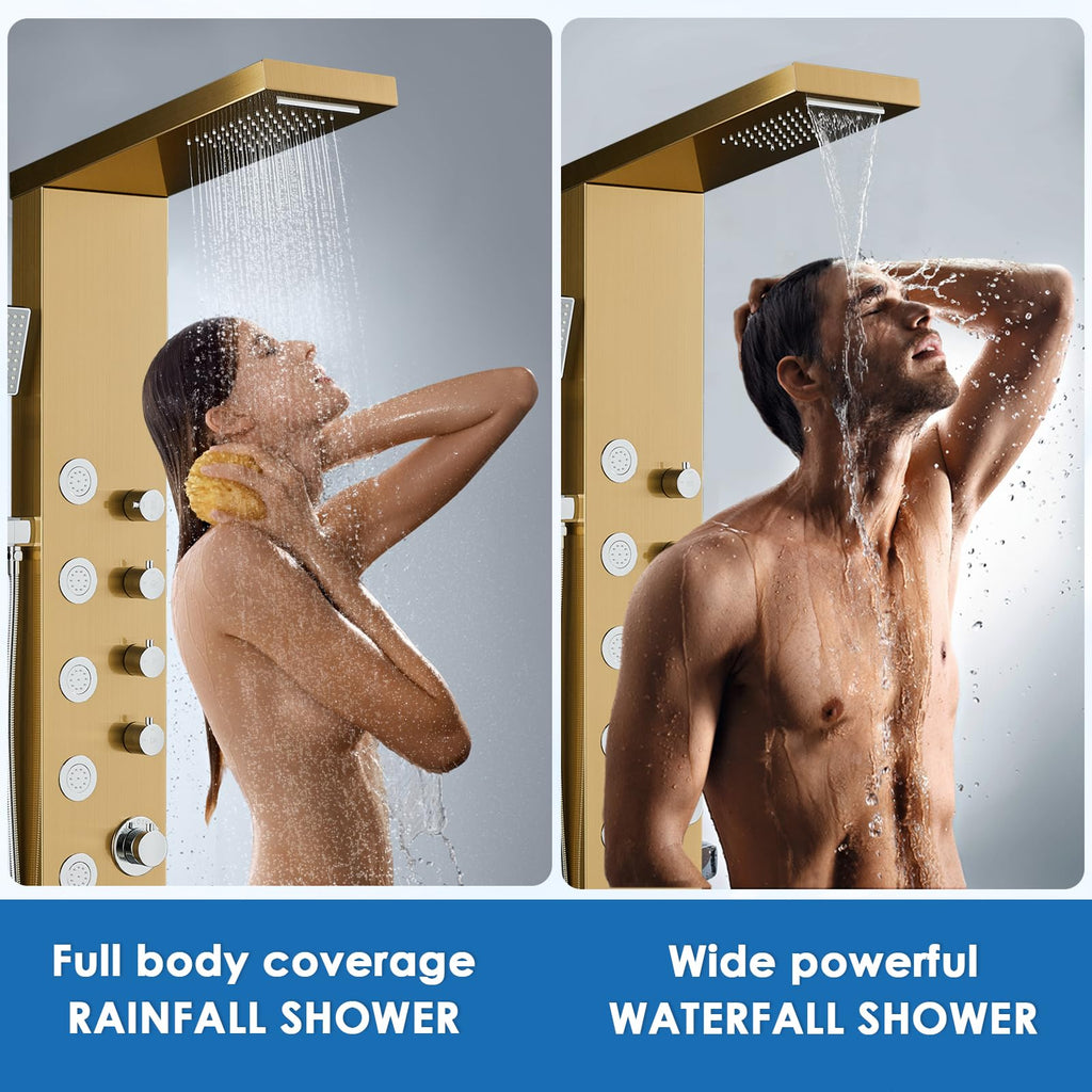 Shower Panel Tower System with Rainfall & Waterfall Shower, 5 Body Jets, 3-Function Handheld, 304 Stainless Steel