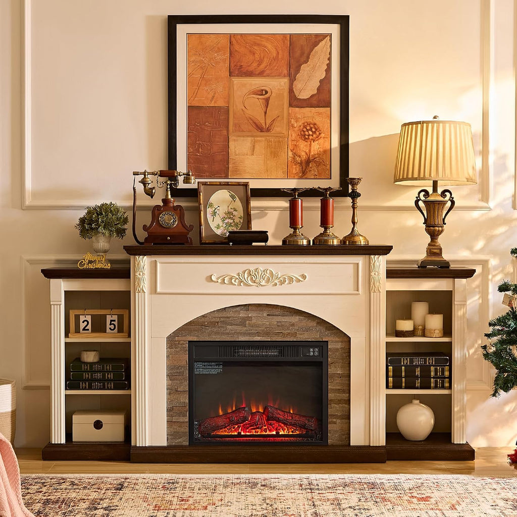 72" Electric Fireplace with Mantel, White TV Stand for TVs Up to 80 Inch, Farmhouse Entertainment Center with Storage