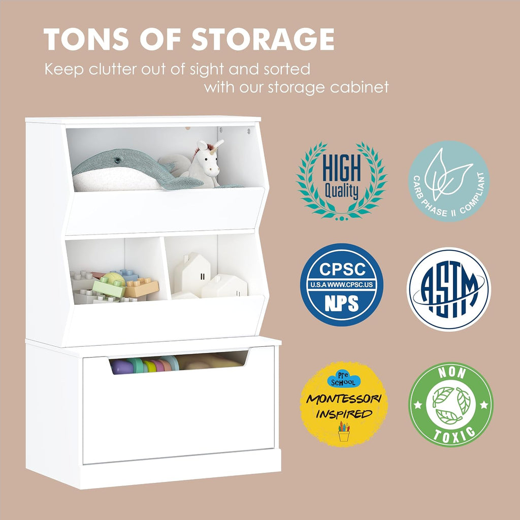 Slanted Kids Toy Storage Organizer, Children Storage Cubby with Drawer | Kids Bookshelf and Bookcase, Full-Width