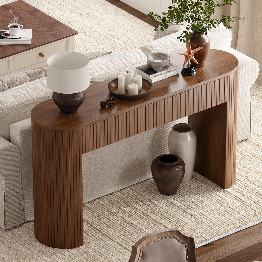 55 Inch Console Table with 2 Drawers, Entryway Tables with Storage,Walnut | Fluted Sofa Table Behind The Couch