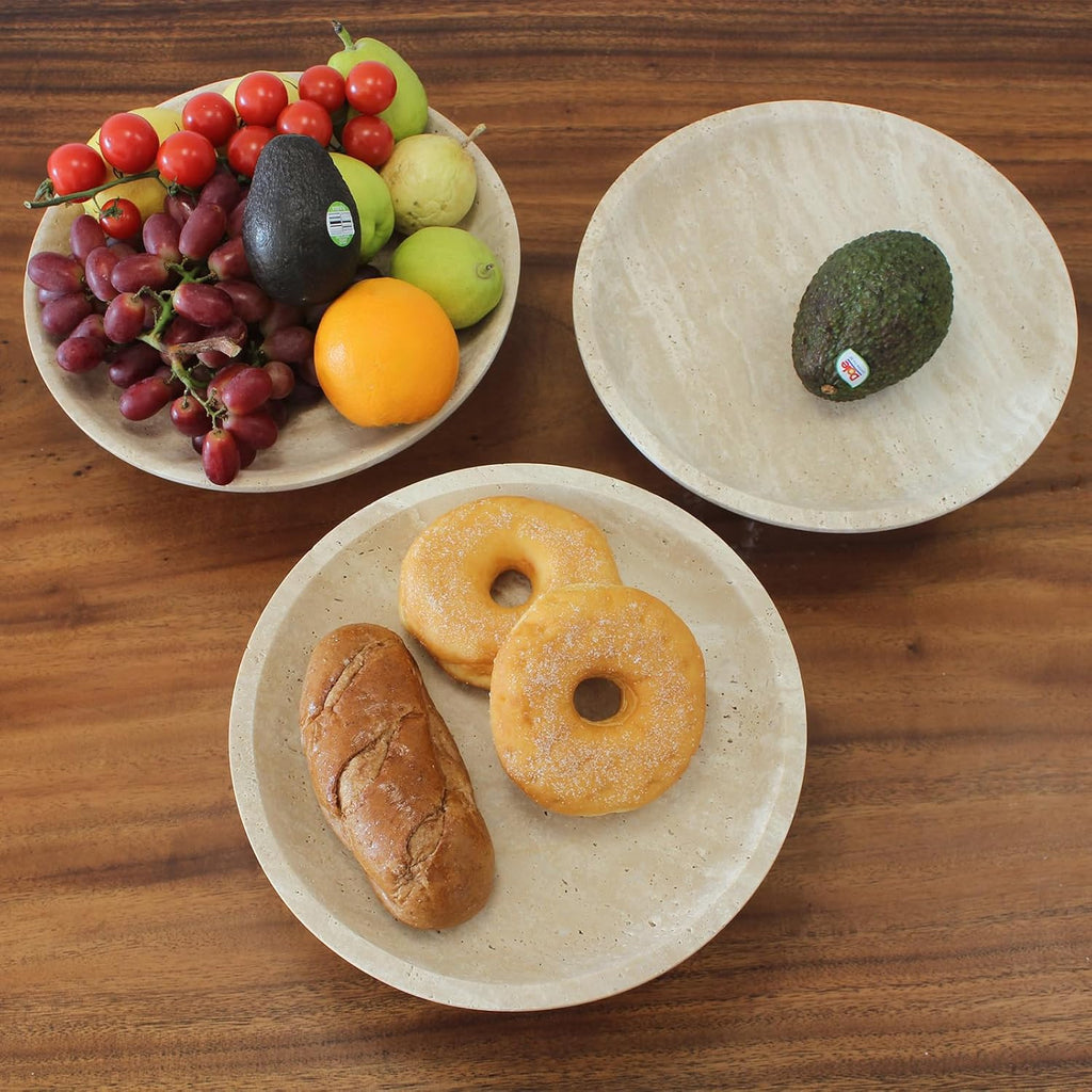 Natural Travertine Fruit Bowl Counter 10.2", Large Decorative Bowl Pedestal Decor, Fruits Holder For Dining Table