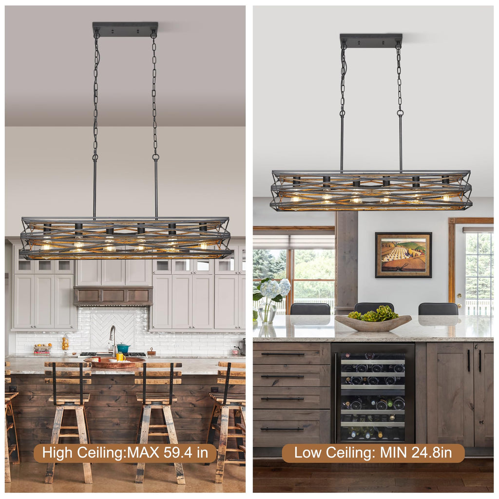 40''Large Farmhouse Rectangular Chandeliers, 6-Light Black Matte Dining Light Fixture, Modern Industrial Pendant