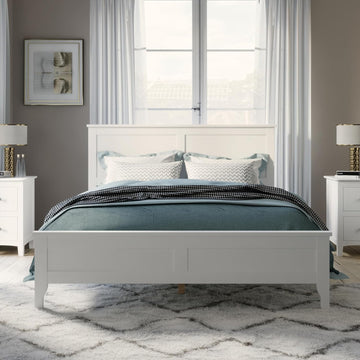 Modern Farmhouse Platform King Bed Frame, Solid Wood Platform Bed Frame with Headboard, Sturdy Wooden Foundation with Wood Slats for Living Room, Rustic Pine - White