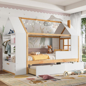 Twin Size House Bed, Solid Wood Platform Bed with Drawers and Wardrobe, House Shape Bed Frame with Built-in Shelves