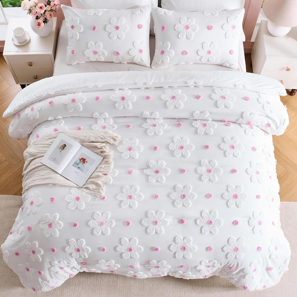Queen Comforter Set for Girls Pink Tufted Daisies Flowers Bedding Set