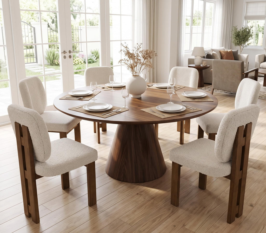 Modern Boucle Dining Chairs Set of 6, Upholstered Armless Side Chairs with Ergonomic Curved Back/Walnut Wood Legs