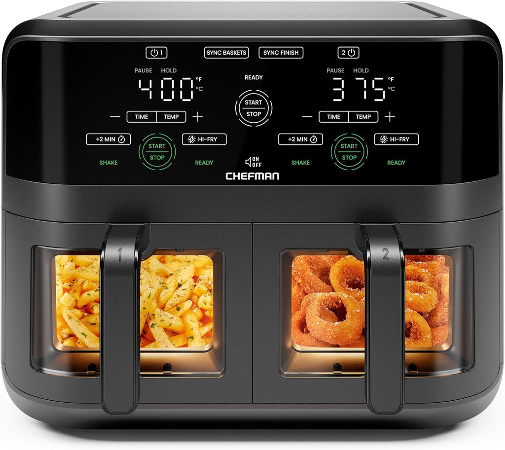 6 Quart Dual Basket Air Fryer Oven with Easy View Windows, Sync Finish, Hi-Fry, Auto Shutoff, 2 Inde