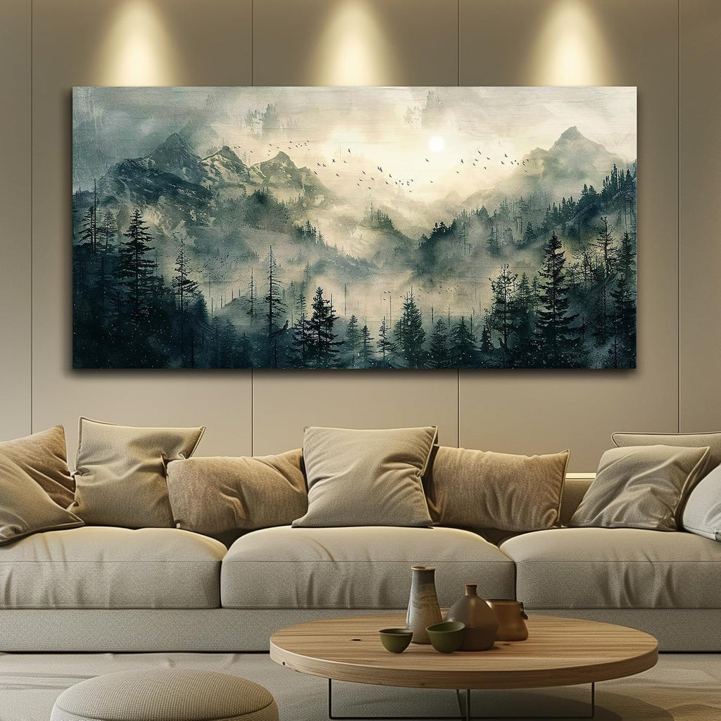 Large Framed Wall Decor Canvas Wall Art Farmhouse Wall Decorations Forest Fog Landscape Paintings Modern Pictures