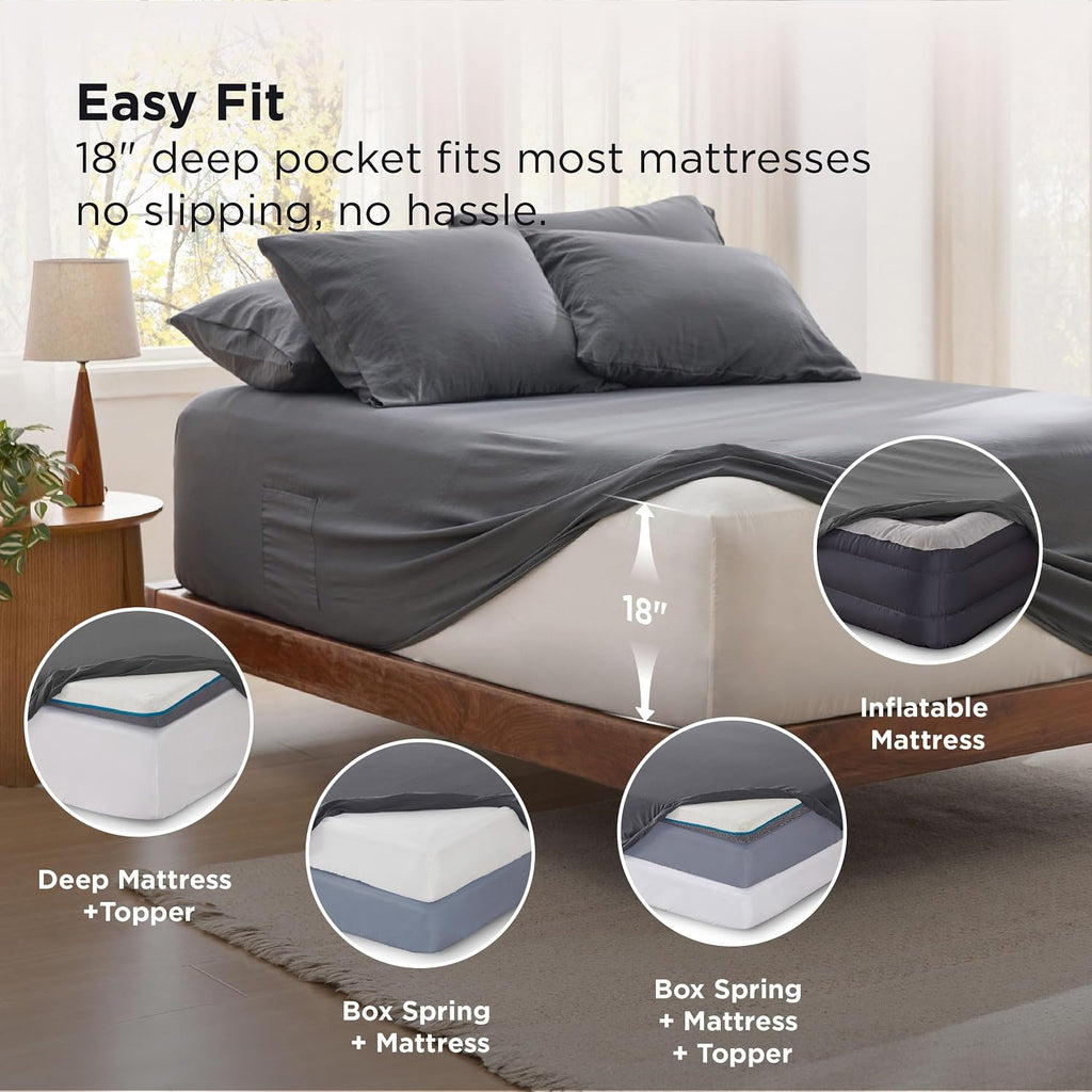 Deep Pocket Sheets - 6 Piece, Prewashed Ultra-Soft Sheet Set, Fits Mattresses Up to 18 Inches Thick