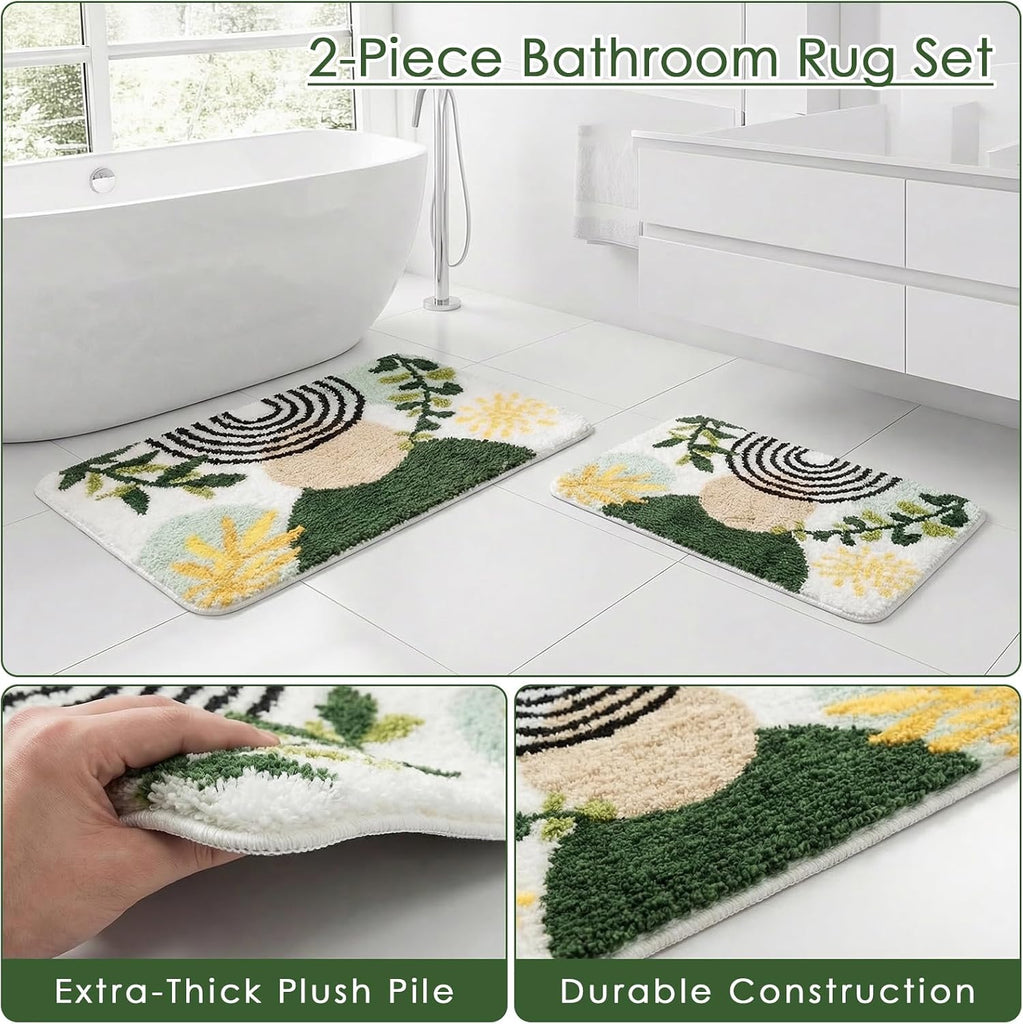 Boho Abstract Gold Plant Bathroom Rug Set 2 Piece Fluffy Microfiber Non-Slip Water Absorbent Bath Mat Soft Washable