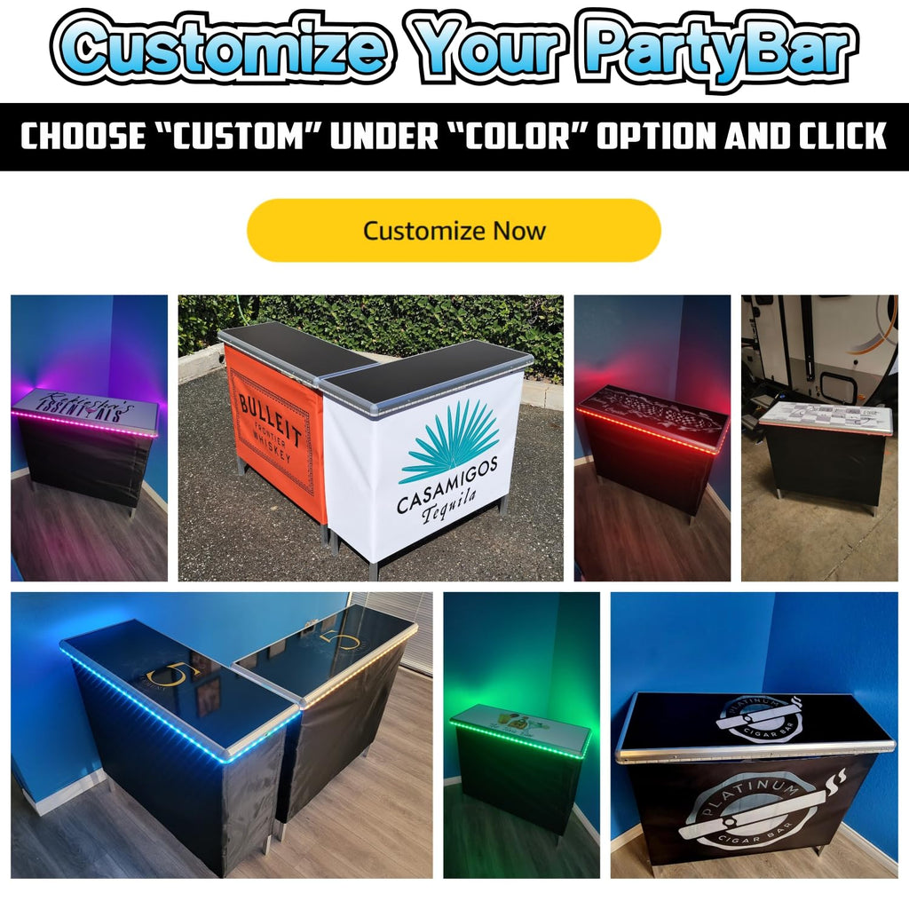 PartyLife NEW & Improved Portable Bar Table w/LED Lights, Folding Steel Legs, 2 Bar Skirts, Supportive Storage Shelf