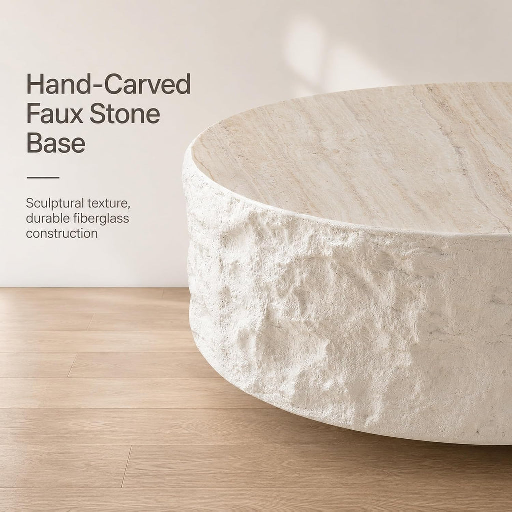 35.43" Round Coffee Table for Living Room, Modern Faux Marble Travertine Coffee Table, Sculptural Fiberglass Drum Cent