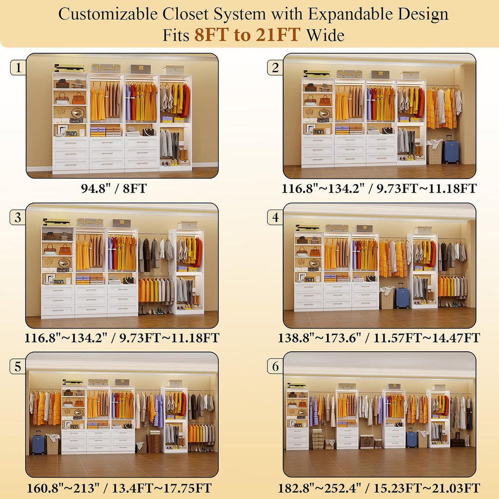 Closet System with 4 Sets, 8-21FT Closet Organizer System with 9 Drawers & 6 Shelves & 8Hanging Rods, Custom L-Shaped