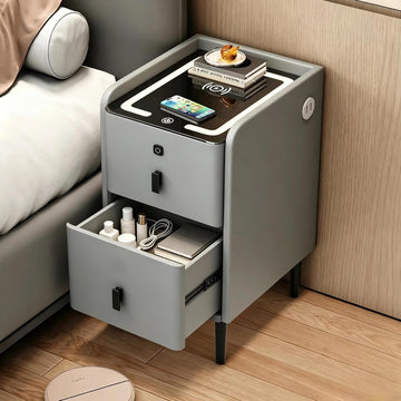 Smart Nightstand with Fingerprint Lock Drawers, Wireless Charging Support, Dual-Drawer Design, 2 USB Ports, and LED