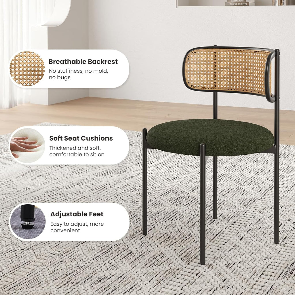 Modern Dining Chairs Set of 2, Upholstered Chairs with Rattan Back and Metal Legs, Green