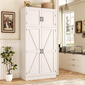 71" Tall Kitchen Pantry Storage Cabinet with Adjustable Shelves | Large Farmhouse Storage Cupboard, Barn Doors