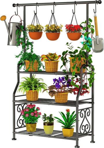 Plant Stand Indoor, 3-Tier Heavy Duty Metal Shelf & Indoor, Tall Plant Holds 14+ Plants with 5 Hooks, Rust-Proof
