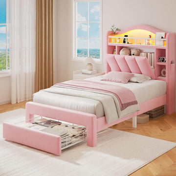 Twin LED Bed Frame with Storage Headboard & 2 Storage Drawers, Princess Velvet Upholstered Bed with Vertical Tufted