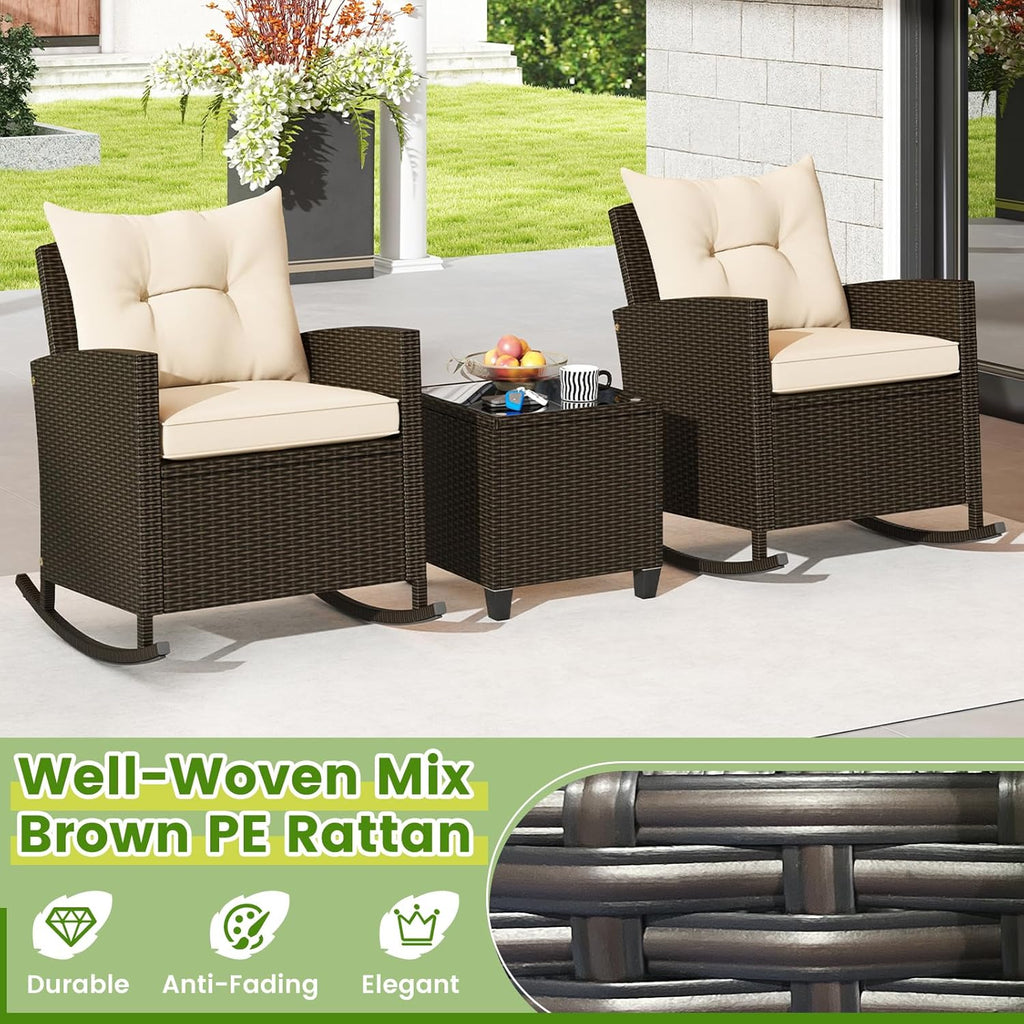 3 Piece Patio Furniture Rocking Bistro Set, Wicker Outdoor Rocking Chairs & Glass Table, PE Rattan Conversation Set