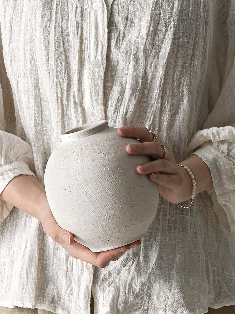 Small White Ceramic Vase - 6.3 Inch Rustic Farmhouse Flower Vase