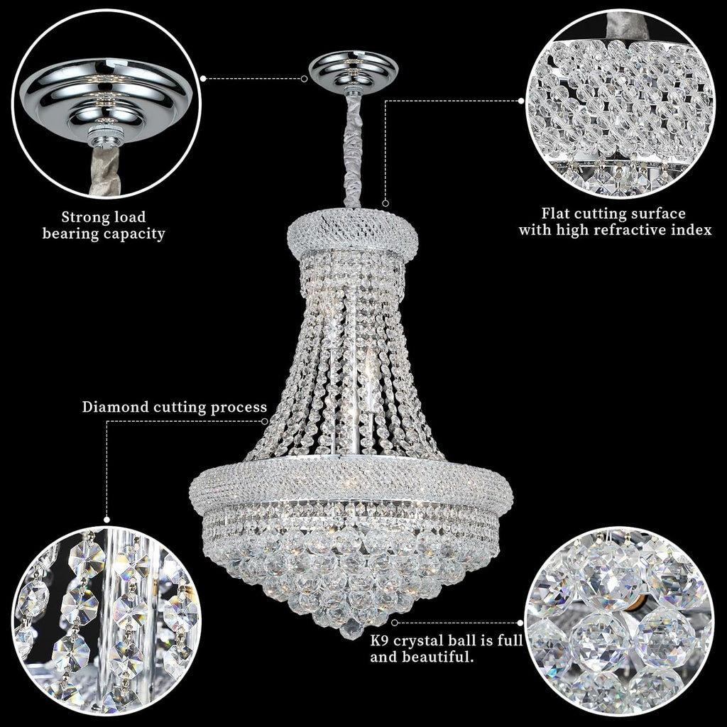 Crystal Chandeliers for Dining Room Light Fixture_Empire Style K9 Crystal Chandeliers for Entryway_12 Lights Chrome Luxury Lighting Fixtures for Living Room Bedroom Stairway Foyer Hallway