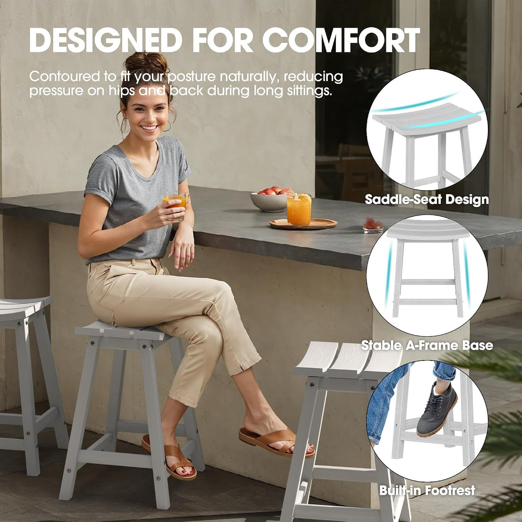 2 Set 24" Outdoor Bar Stools Heavy Duty HDPE Counter Height Bar Stools Weatherproof Patio Seats Modern Waterproof