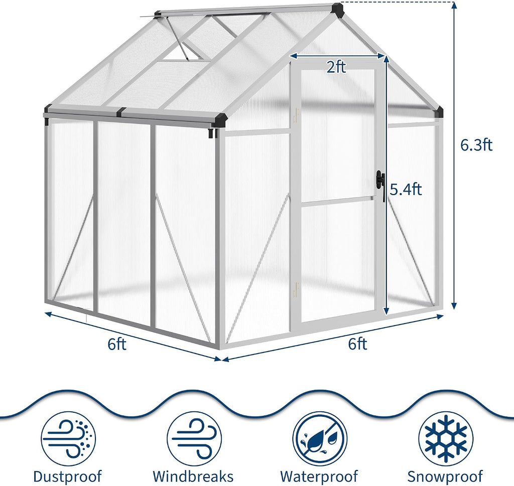 6x6 ft Walk-in Greenhouse, Polycarbonate Panels with Reinforced Aluminum Frame, Large Garden Green House for Planting