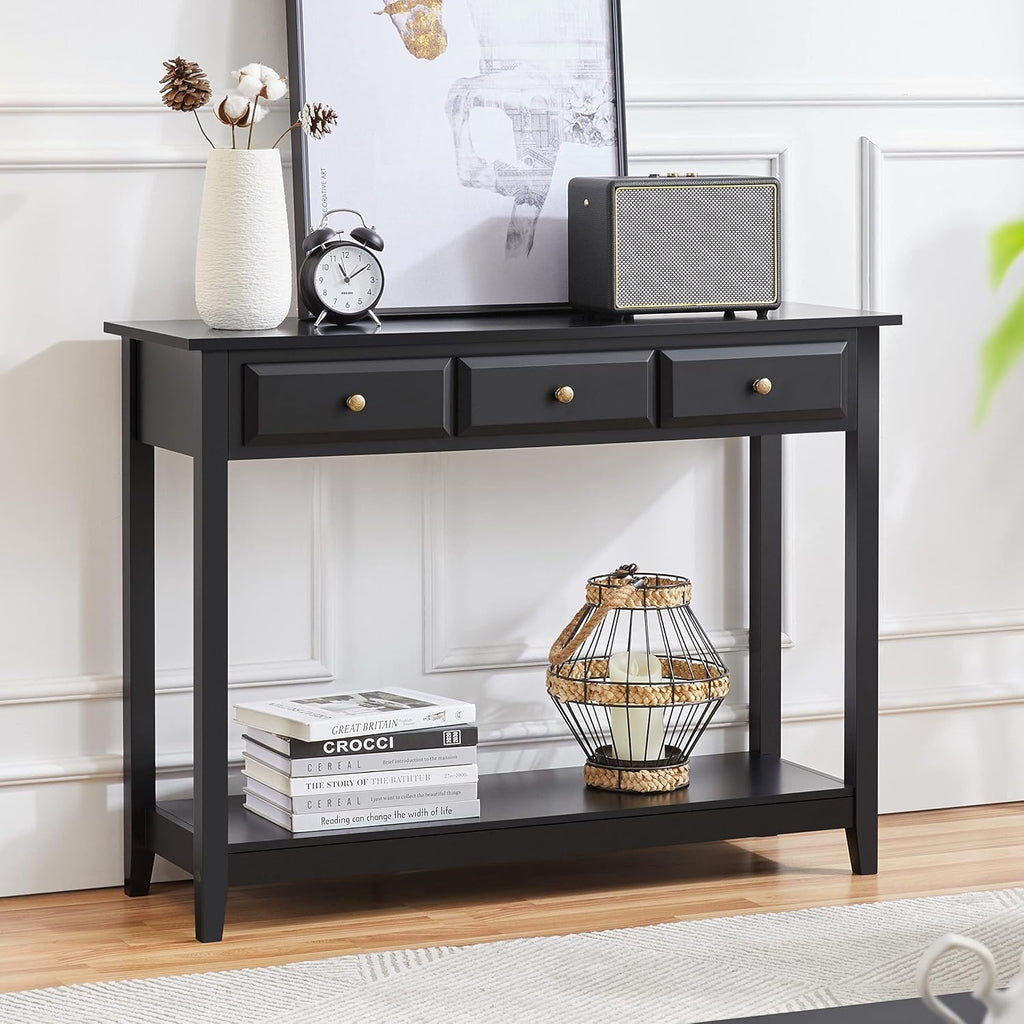 Console Table with 3 Drawers, Wood Entryway Table with Storage Shelf, Sofa Tables Narrow Long , Foyer, Black