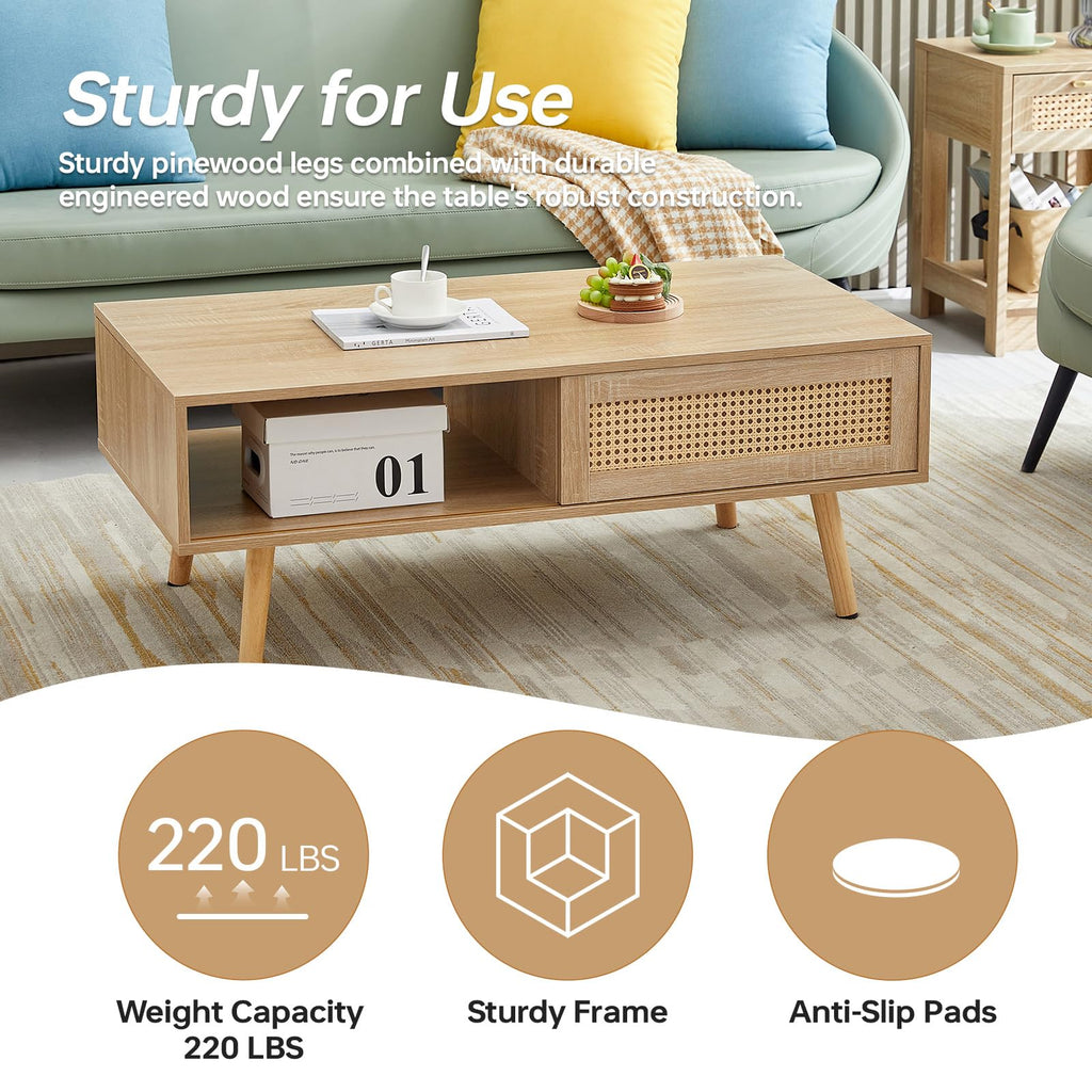 41.3 Inch Wooden Coffee Table with Storage, Modern Rectangle Accent Center Sofa Table with Sliding PE Rattan Woven