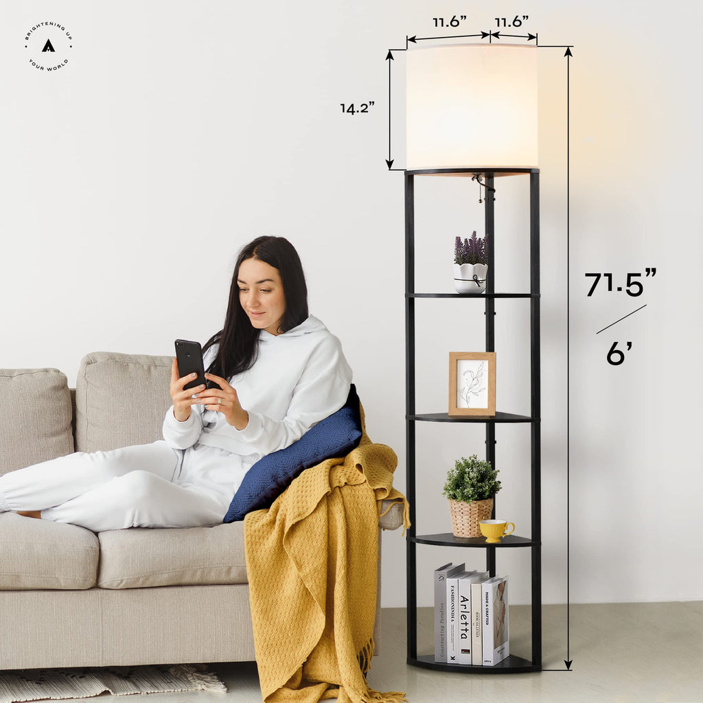 Corner Floor Lamp with Shelves - Tall Corner Lamp with Pull Chain Switch - Modern Floor Lamp, or Office Alvis Edge