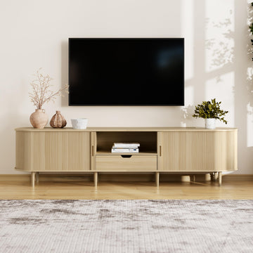 86.6" Fluted TV Stand with Power Outlet for TVs up to 90", TV Console with Adjustable Shelves and Sliding Door, Mid