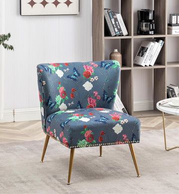 Thia Armless Accent Chair , Elegant Seat with Nailhead Trim, Gold Metal Legs and Comfortable Curved Back, 28" D x 25"