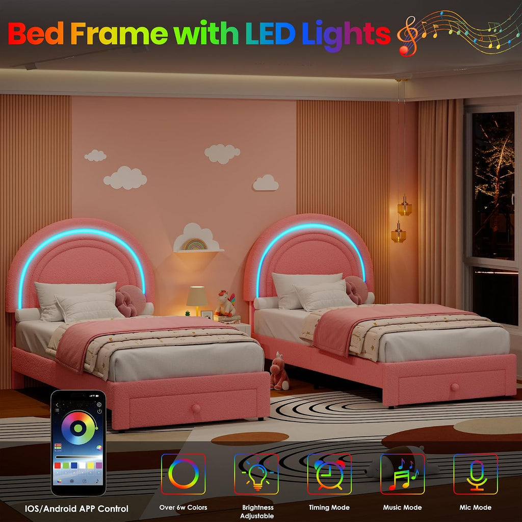 Twin Upholstered LED Bed Frame - with Storage Drawer and Rainbow Headboard, Berber Fleece Princess Platform Bed for