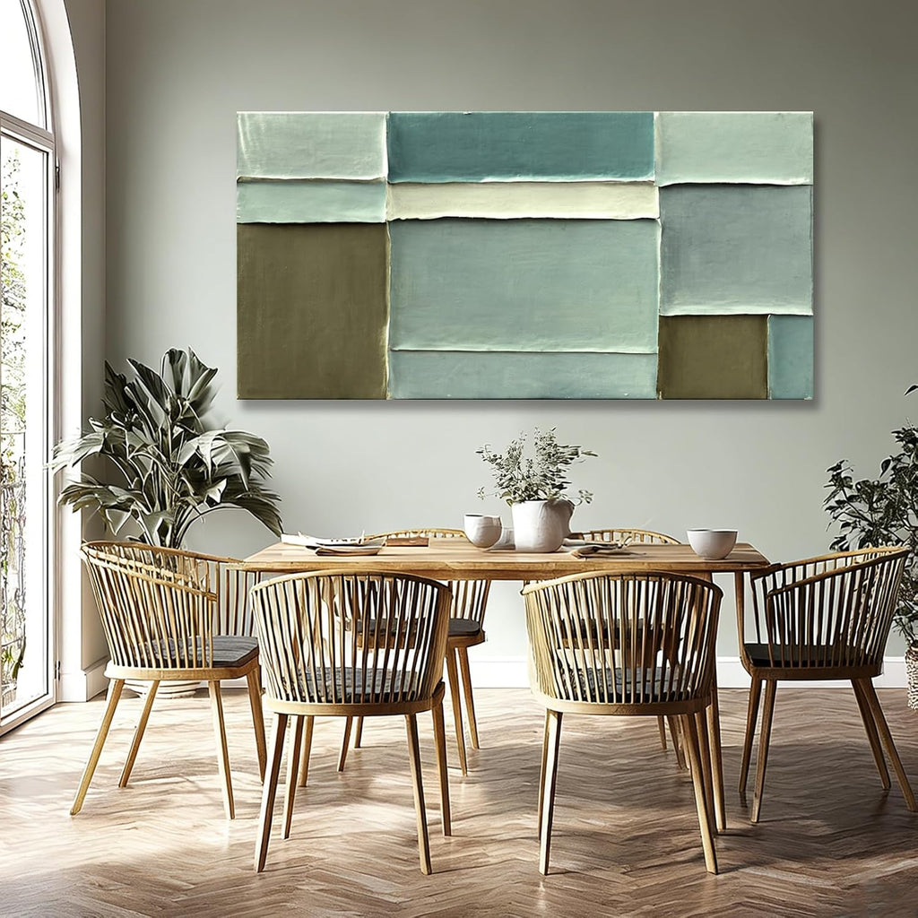 Modern Abstract Green Canvas Wall Art Soft Neutral Color Hand Painting Block Design Minimalist Artwork Bedroom Office