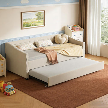 Twin Size Upholstered Daybed with Trundle | Twin Size Trundle,Button-Tufted Back, Piping on Waved-Shape Arms, Solid