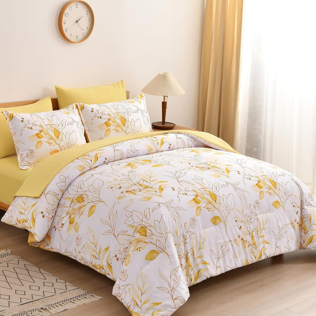 Yellow Botanical Comforter Set Queen, 7 Pieces Floral Bed in a Bag Gloden Leaves Bedding Set Soft Microfiber Queen(1