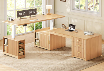 Fluted L Shaped Standing Desk with Storage, Oak