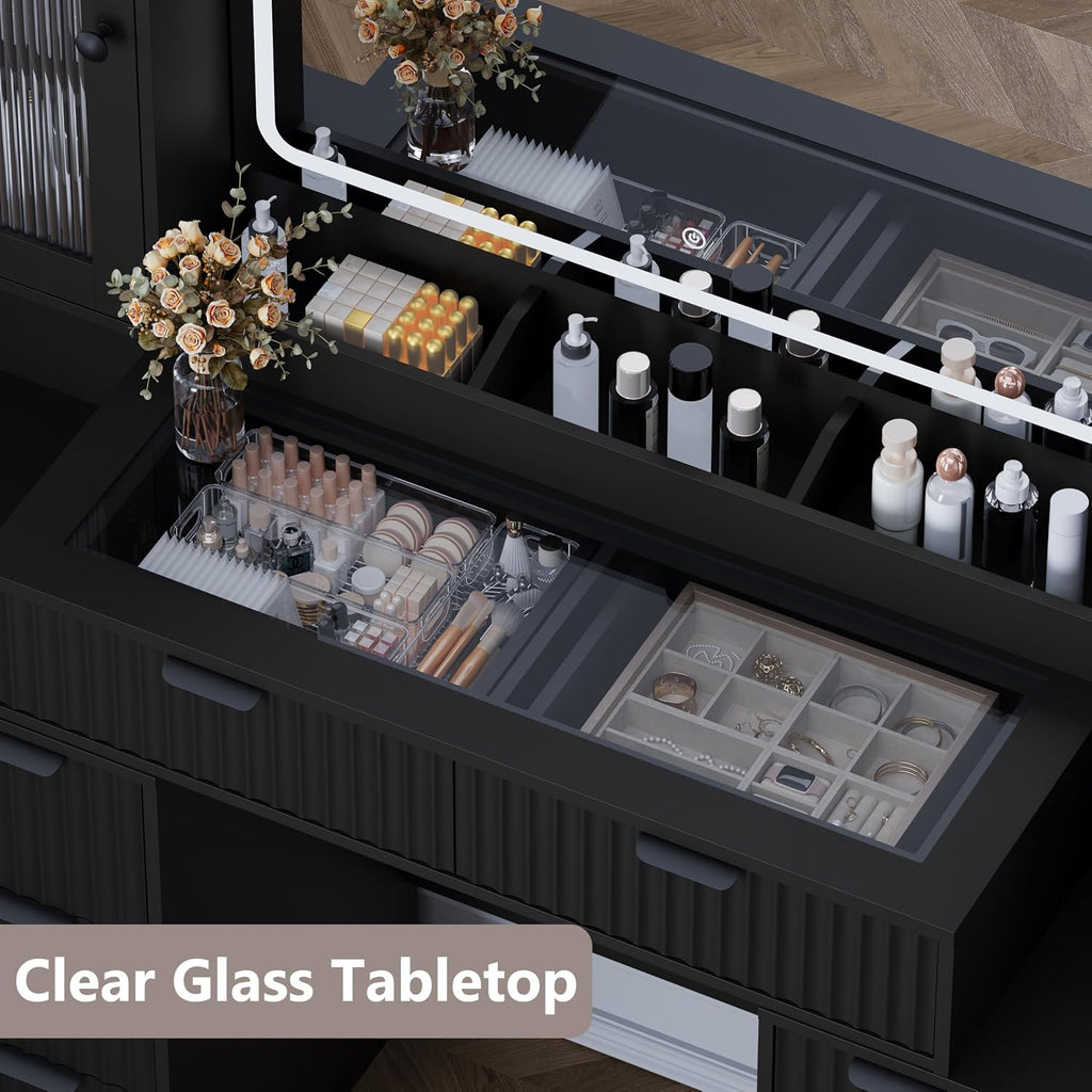 Fluted Makeup Vanity Desk with Mirror and Lights, 55" Glass Top Vanity with 8 Drawers & 4 RGB Glass Cabinets