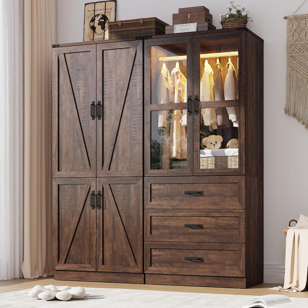 75" Tall Farmhouse 4 Doors Armoire Wardrobe Closet with 3 Drawers and LED,Freestanding Closet Wardrobe Cabinet with