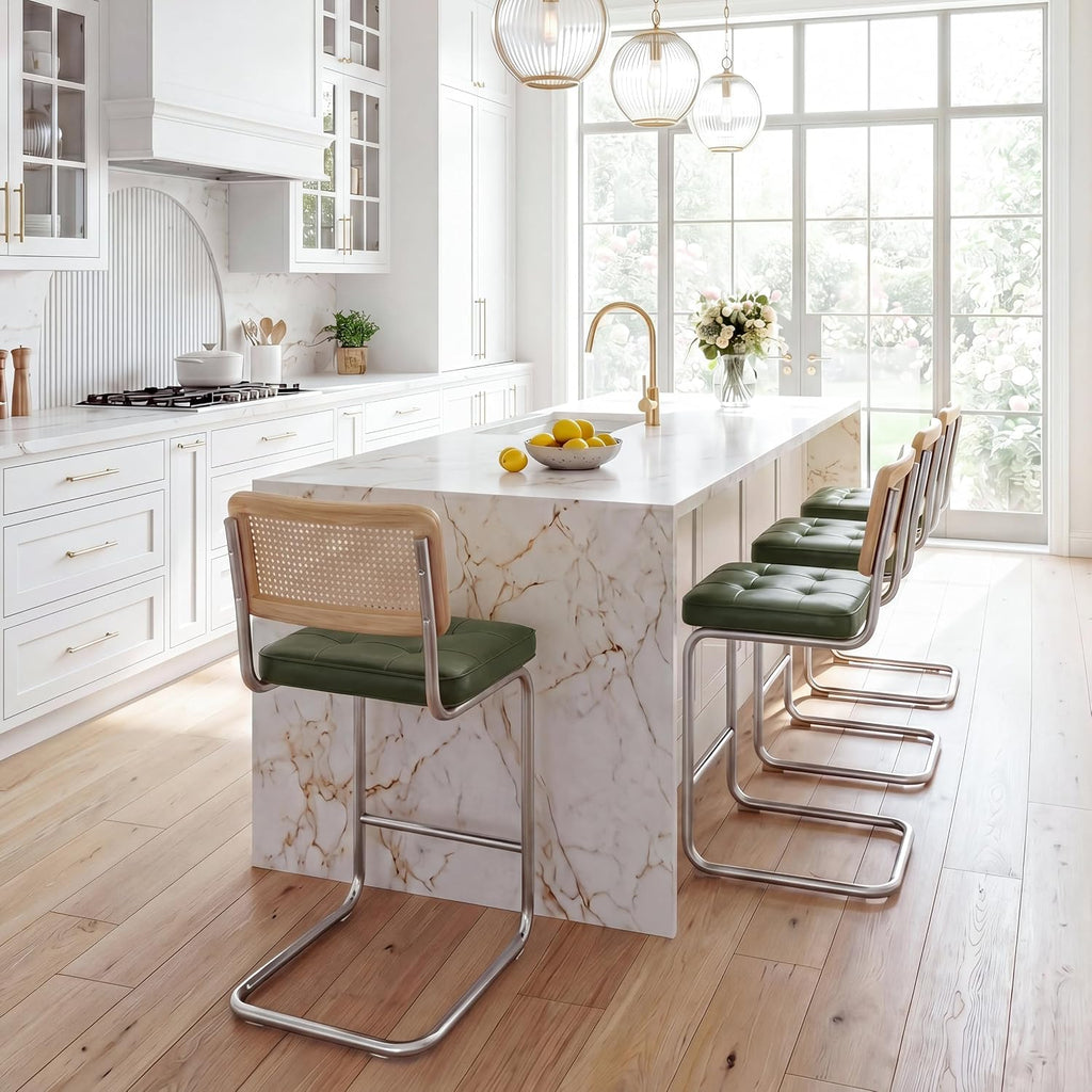 Natural Rattan Bar Stools Set of 2, Modern Counter Height Stools with Solid Wood Back, 26'' Counter Height Chairs