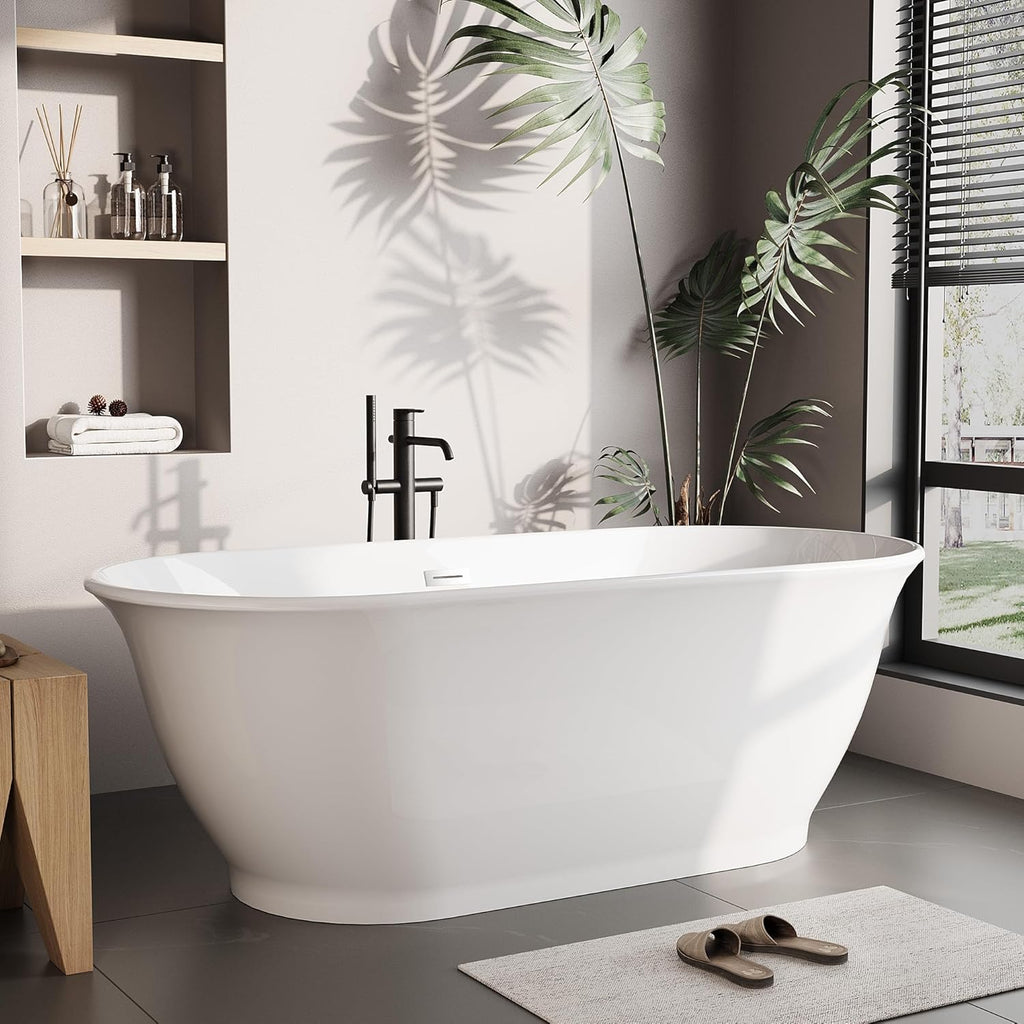 Freestanding Bathtub 59 inch Acrylic White Oval Soaking Tub with Push Drain, Compact Modern Bath for Bathroom