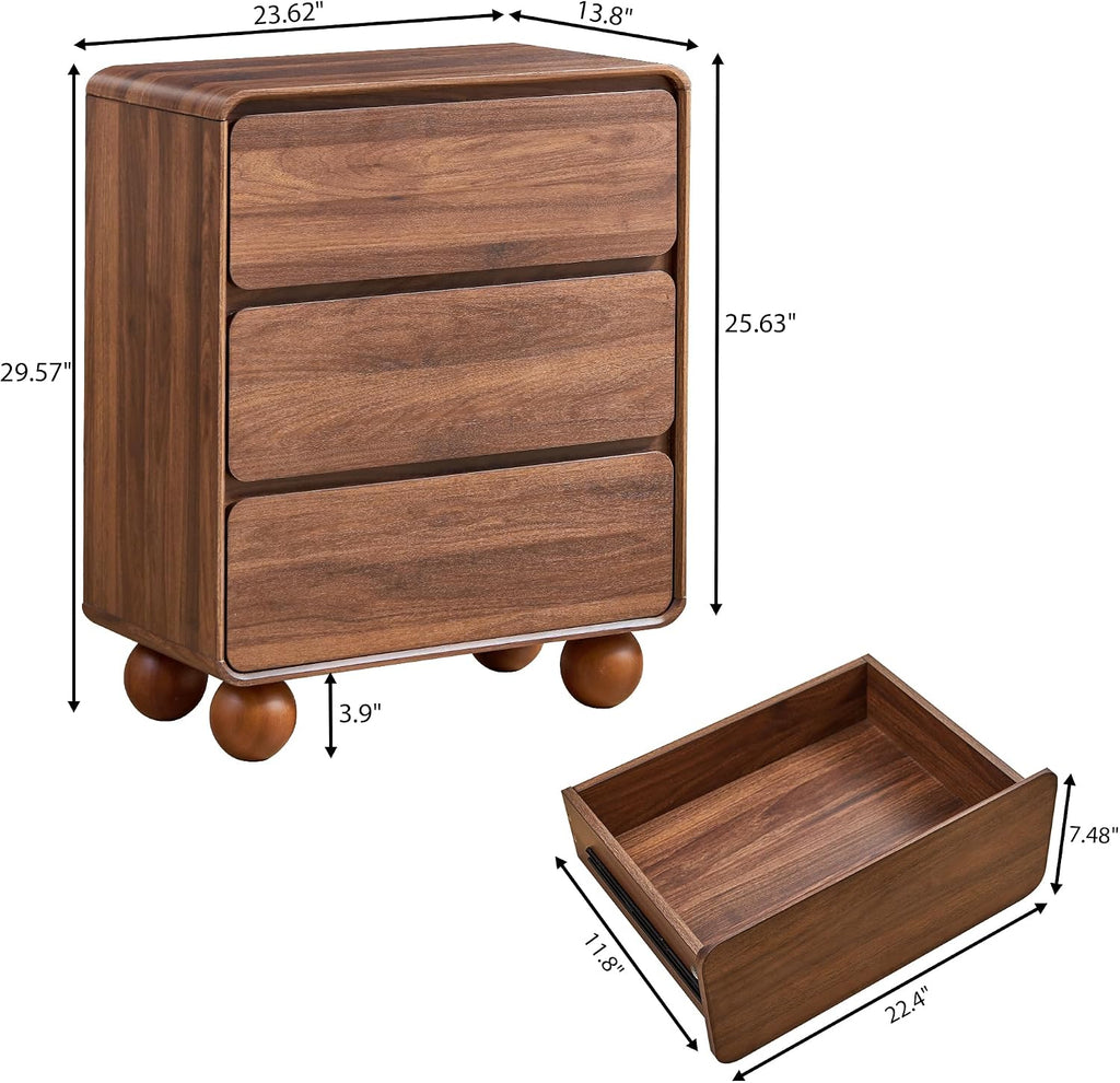 Wooden Night Stand wth 3 Drawer Dresser Mid Century Modern End Table Chest of Drawers, Solid Wood Legs & Curved