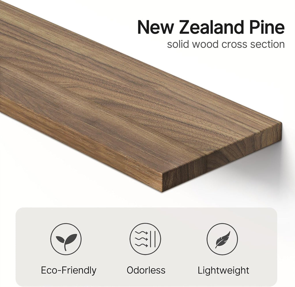 Solid Wood Floating Shelf, 23.6" Wall Shelf for Room, Rustic Walnut, 3 Pack | Natural Pine Wood Shelf on Wall, Rustic