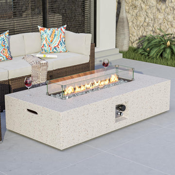 Outdoor Propane Fire Pit Table, 56" x 28" Rectangle, Terrazzo White | Concrete-Like Finish, Certified, 50,000 BTU