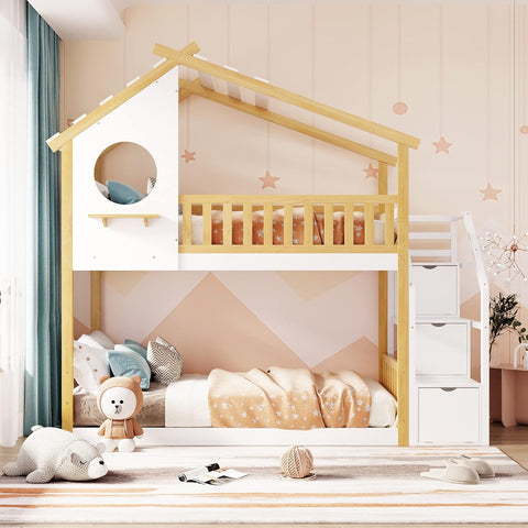 Twin Over Twin Bunk Bed with Stairs, Stairway House Bunk Bed Frame with Storage and Guard Rail for Kids Girls Boys