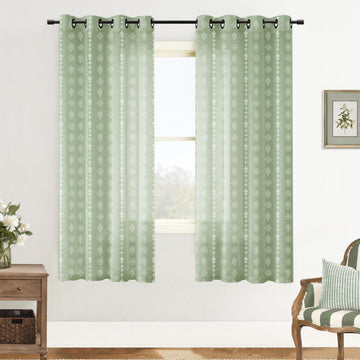 Sage Green Floral Linen Sheer Curtains 72 Inches Long, Boho Gingham Plaid Look Pattern Grommet Drapes Bedroom 2