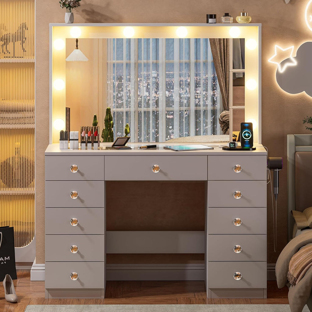 Vanity with Large Mirror and 10 LED Lights, Vanity Desk with Glasstop, 11 Drawers with Crystal Handles, Dressing