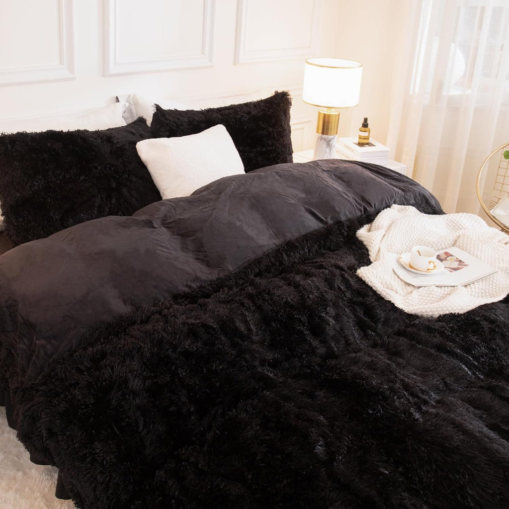Comforter Set Black, Fluffy Winter Faux Fur Warm Soft Plush Bedding Comforter Set (1 Velvet Comforter & 2