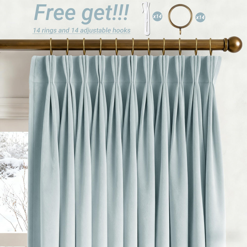Grayish Blue Trible Pinch Pleat Velvet Curtains 2 Panel Set 40x72