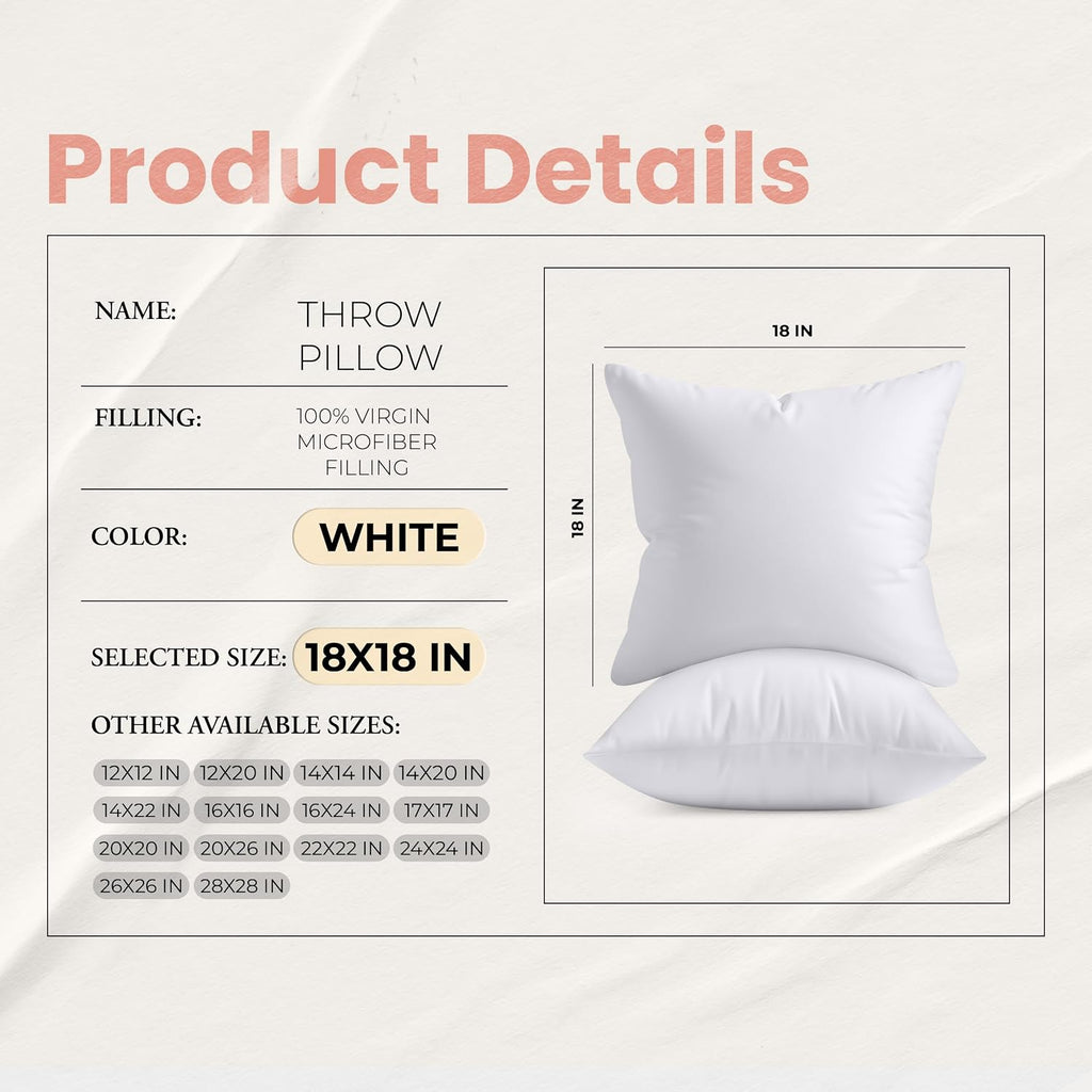 18x18 Pillow Inserts, White Throw Pillows for Couch, 2 Pack - Set of 2